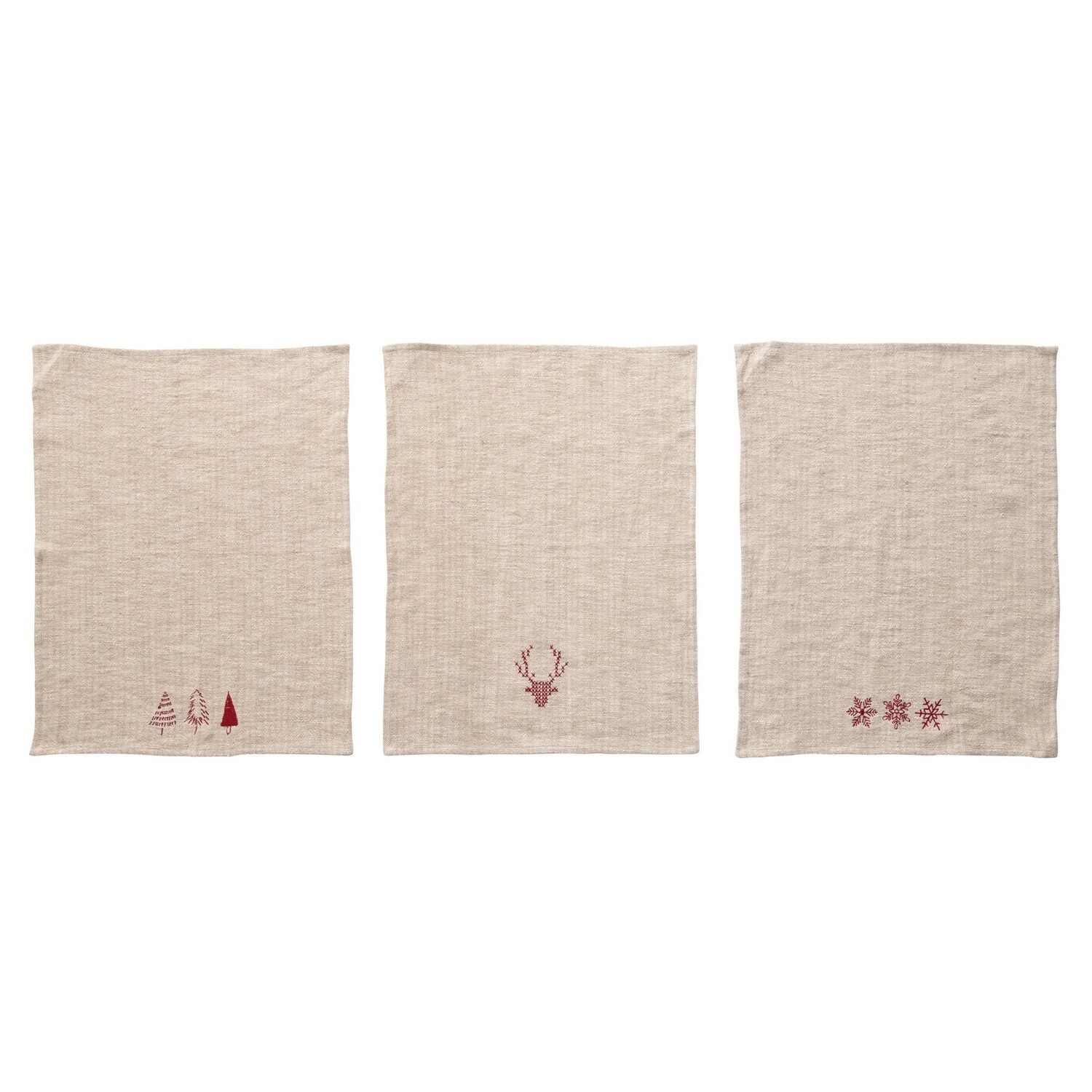 Linen and Cotton Embroidered Tea Towel / Natural & Red