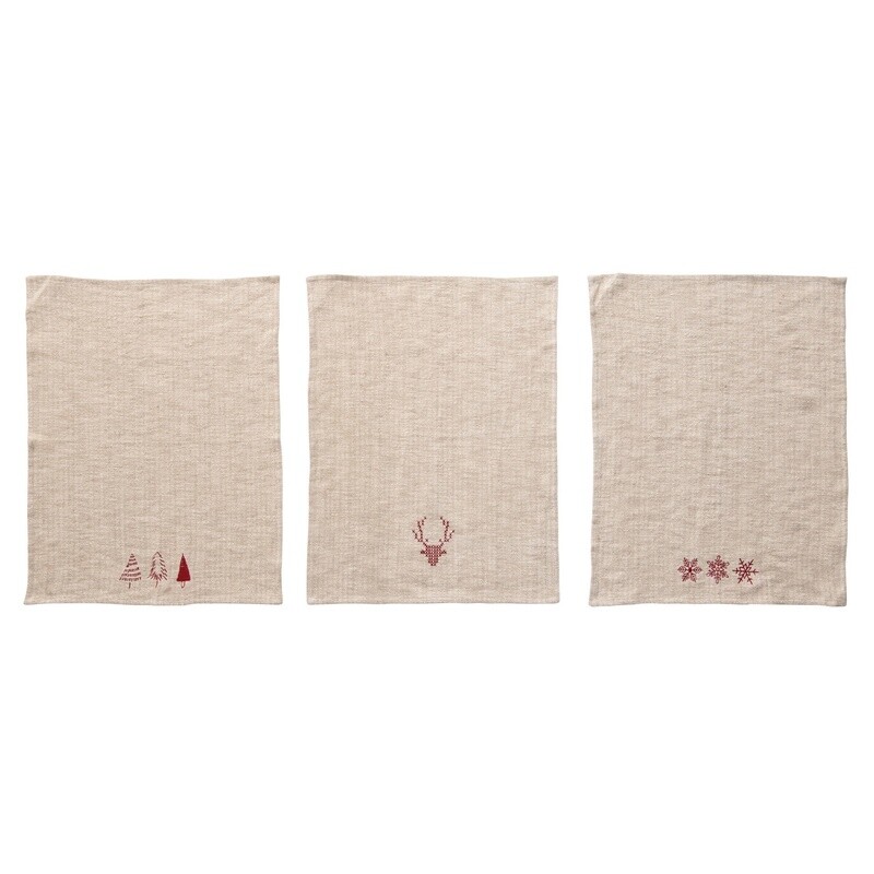 Linen and Cotton Embroidered Tea Towel / Natural & Red