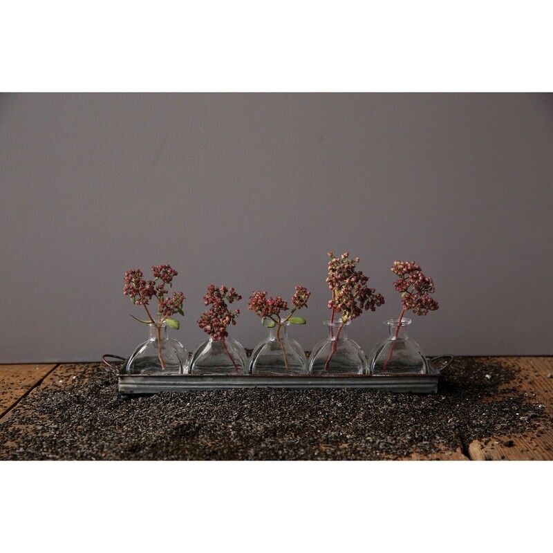 Metal Tray w/ Glass Vases x 6