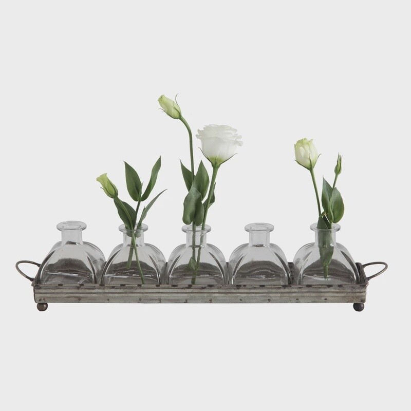 Metal Tray w/ Glass Vases x 6