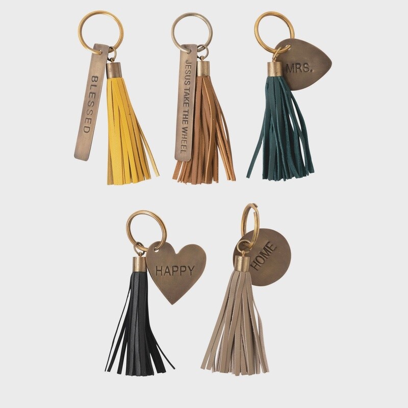 Brass Key Chain with Saying and Leather Tassel
