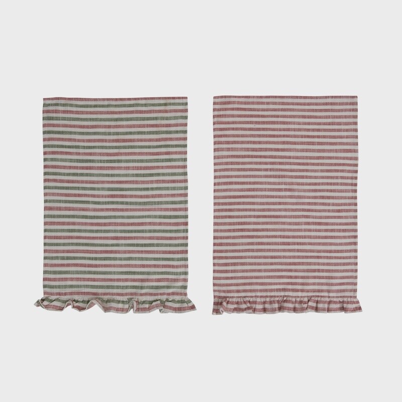 28"L x 18"W Woven Cotton Striped Tea Towel with Ruffle, 2 Colors