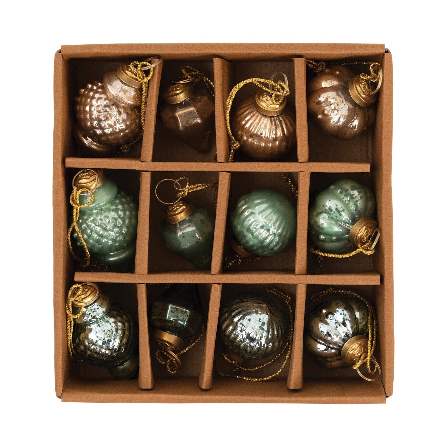 2" Embossed Mercury Glass Ornaments /Green, Blue, Gold Set of 12