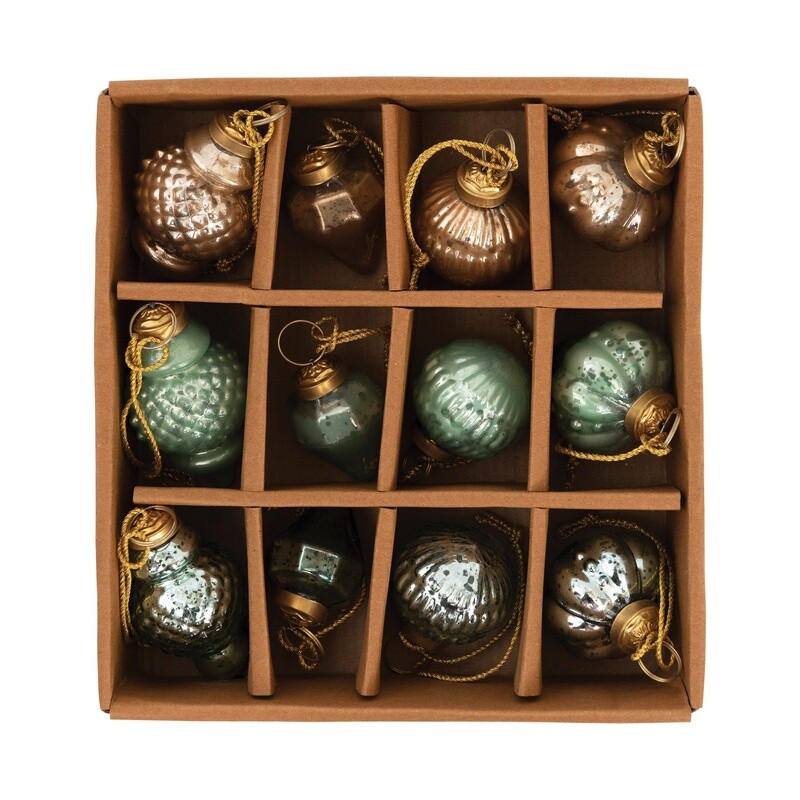 2" Embossed Mercury Glass Ornaments /Green, Blue, Gold Set of 12