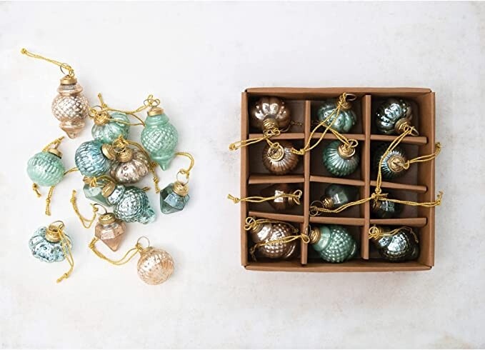 2" Embossed Mercury Glass Ornaments /Green, Blue, Gold Set of 12