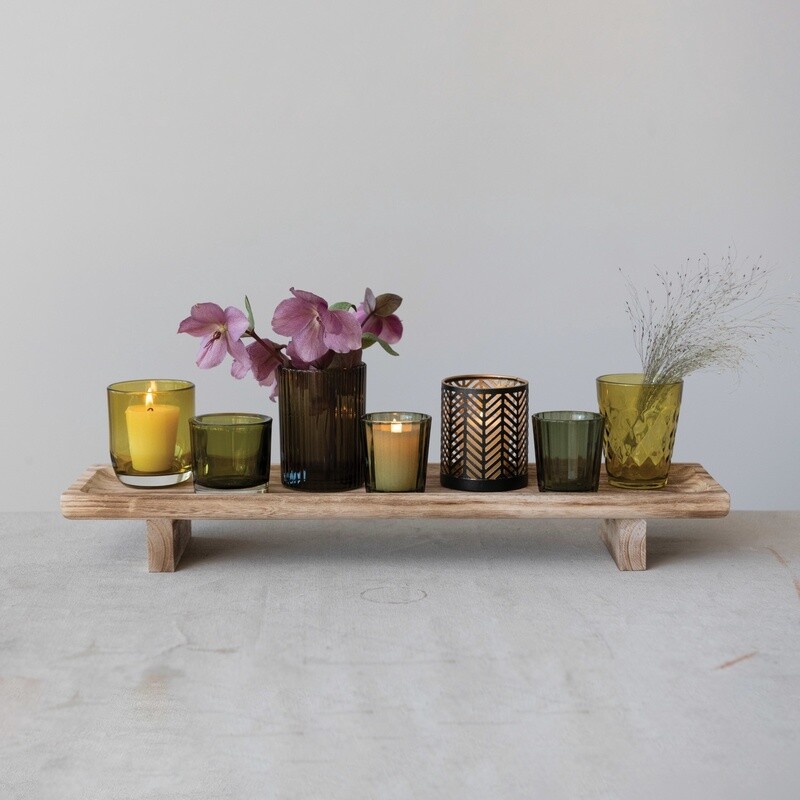 Paulownia Wood Footed Tray w/ 7 Glass & Metal Votive Holders / Set of 8