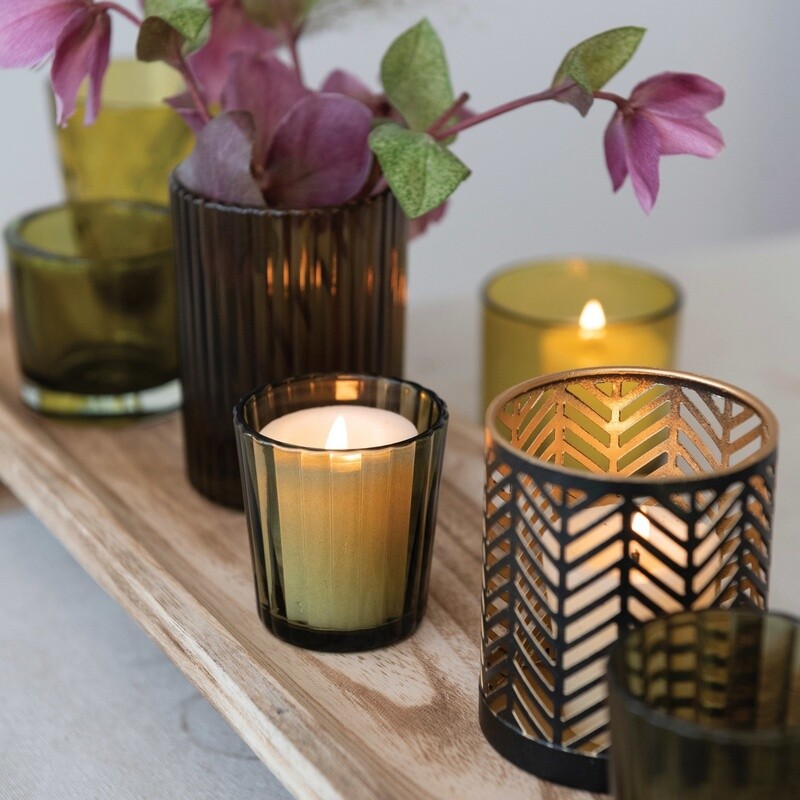 Paulownia Wood Footed Tray w/ 7 Glass & Metal Votive Holders / Set of 8