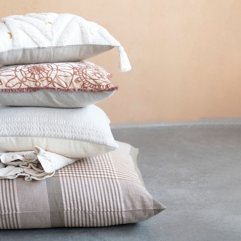 20” Woven Cotton Embroidered Pillow / Cream