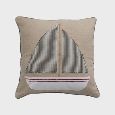 20” Cotton Down Pillow w/ Appliquéd Boat & Striped Piping