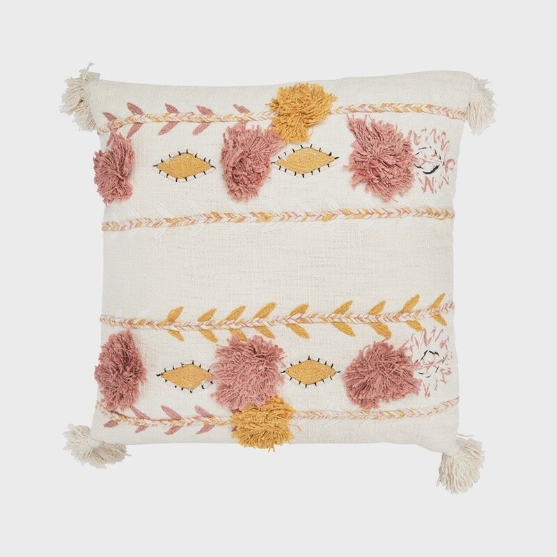 20" Cotton Embroidered Down Pillow w/ Tassels and Appliqué