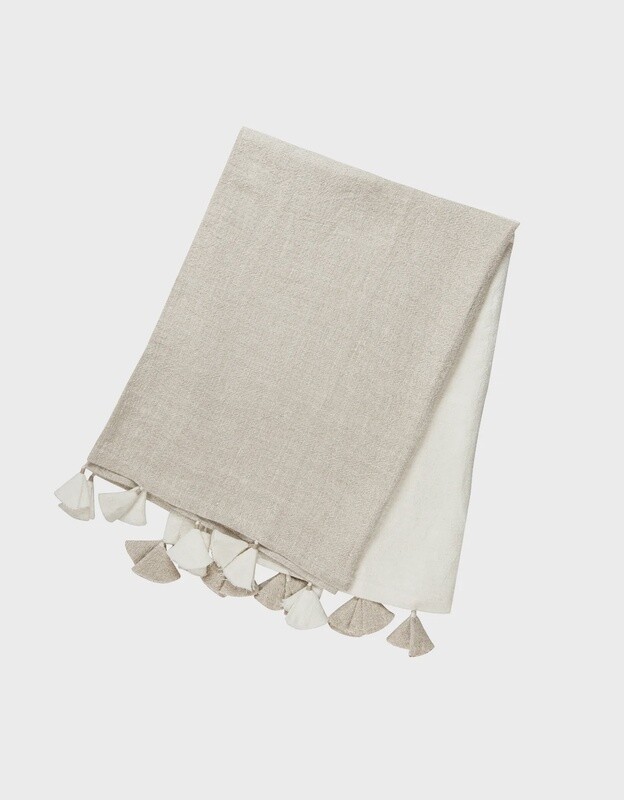Natural Beige Colorblocked Linen Throw