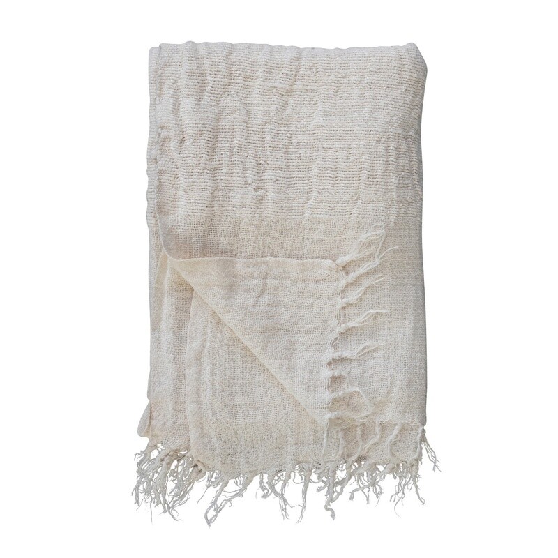 Woven Linen Throw w/ Stripes & Fringe 60”L x 50”W