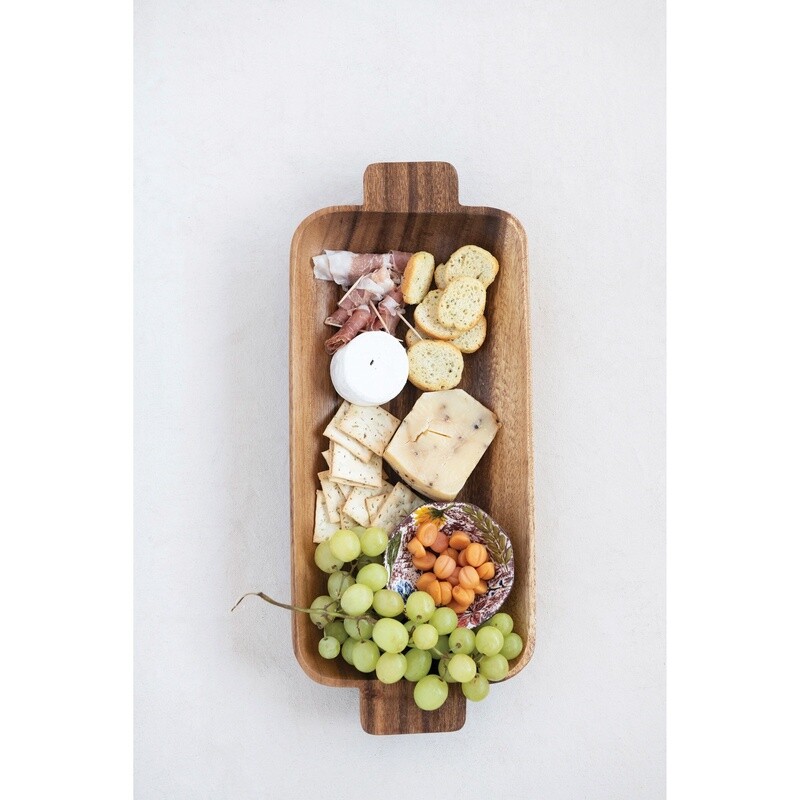 Hand-Carved Acacia Wood Tray w/ Handles