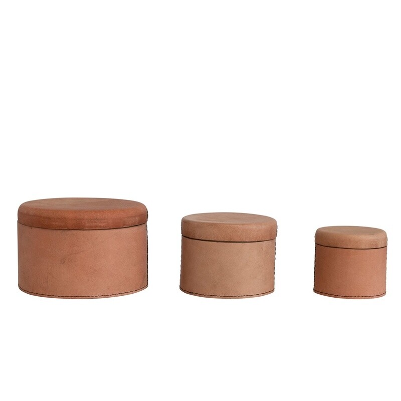Stitched Leather Nesting Boxes w/ Lids / Set of 3