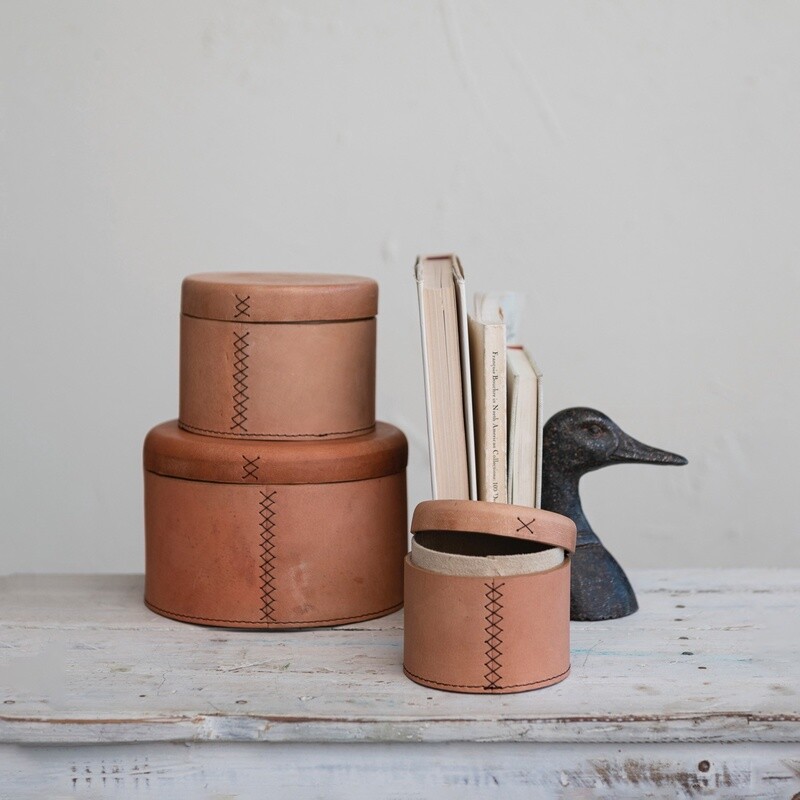 Stitched Leather Nesting Boxes w/ Lids / Set of 3