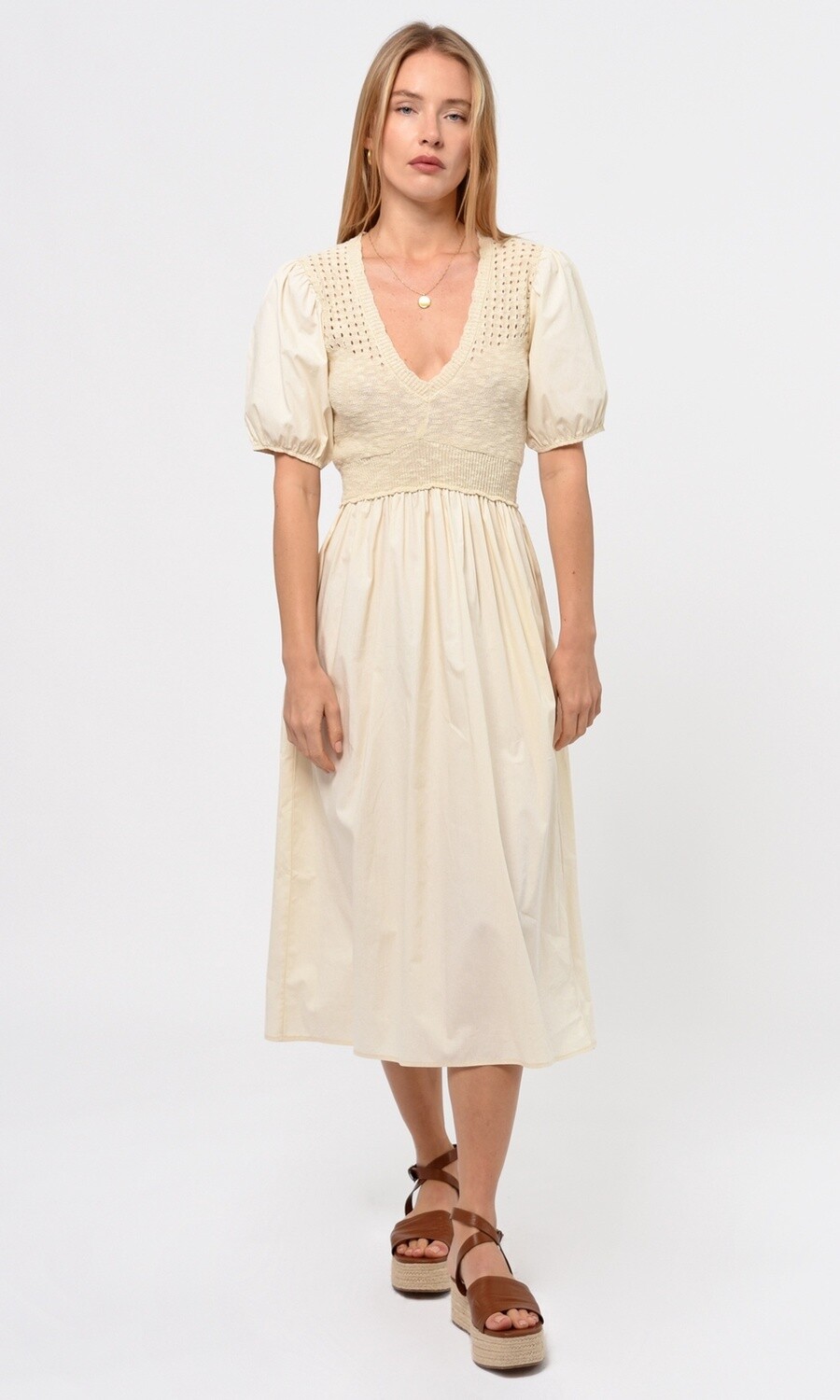 Barkley Crochet Knit Mix Poplin Dress / Natural