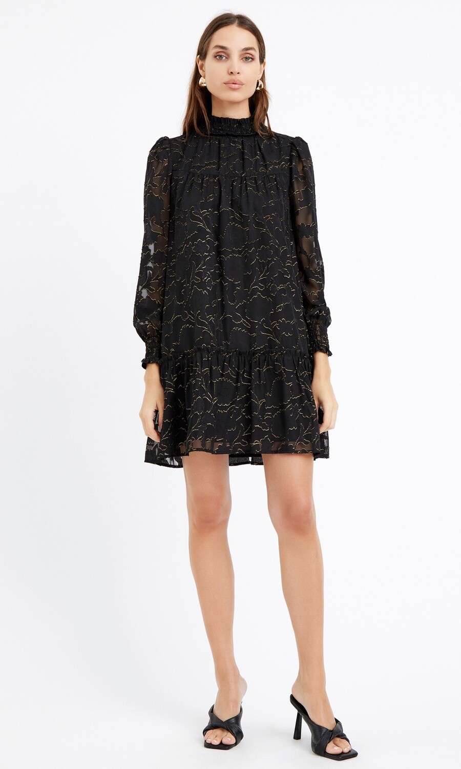 Traci Smocked Neck Burnout Dress / Black Gold Traci Smocked Neck Burnout Dress / Black Gold
