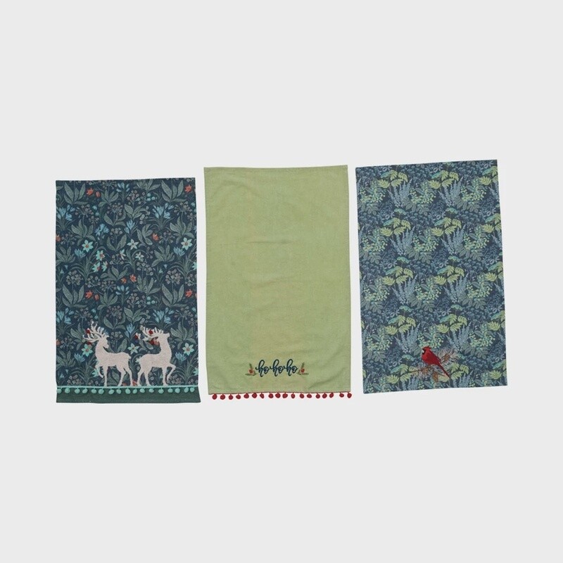 Blue and Green Christmas Tea Towels w/ Embroidery & Pom Pom Trim / 3 Styles 28” x 18”