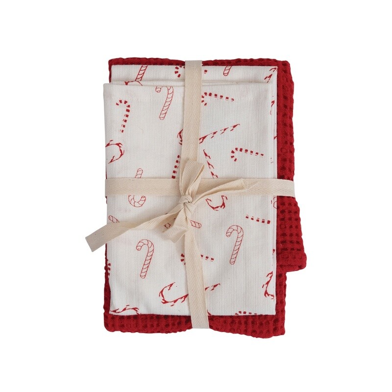 Cotton Printed Tea Towels / Candy Canes and Red Waffle Weave