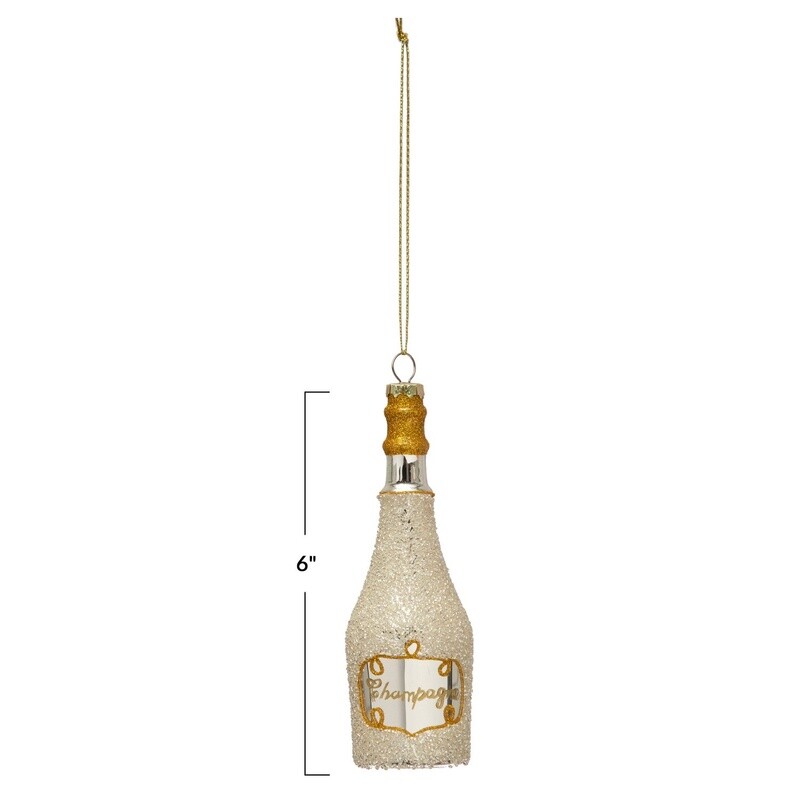 Glass Champagne Bottle Ornament w/ Glitter