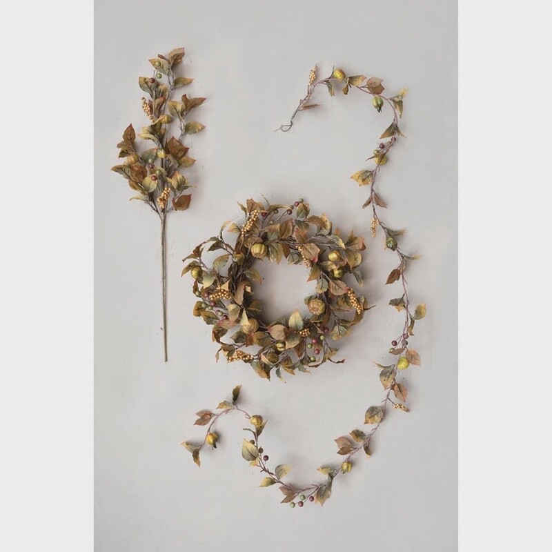 Faux Leaf Stem w/ Pumpkins, Pomegranates and Berries 30”