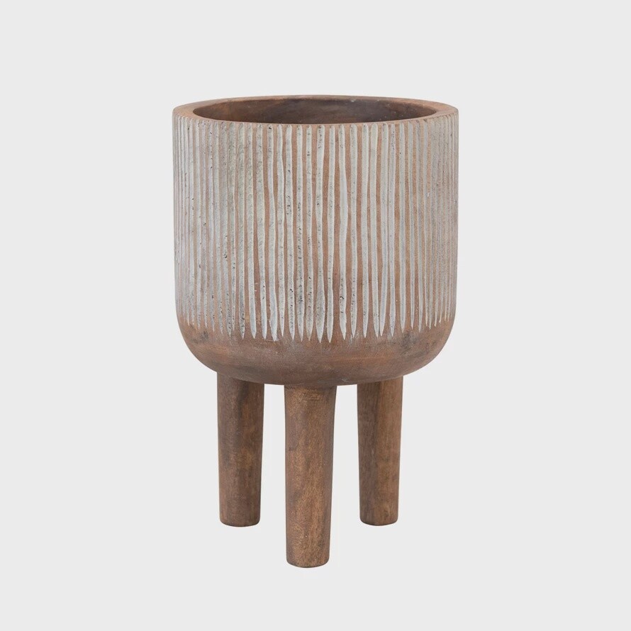 Hand-Carved Mango Wood Footed Planter