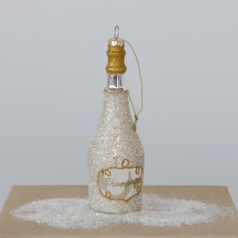 Glass Champagne Bottle Ornament w/ Glitter