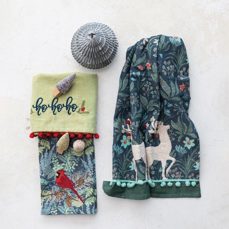 Blue and Green Christmas Tea Towels w/ Embroidery & Pom Pom Trim / 3 Styles 28” x 18”
