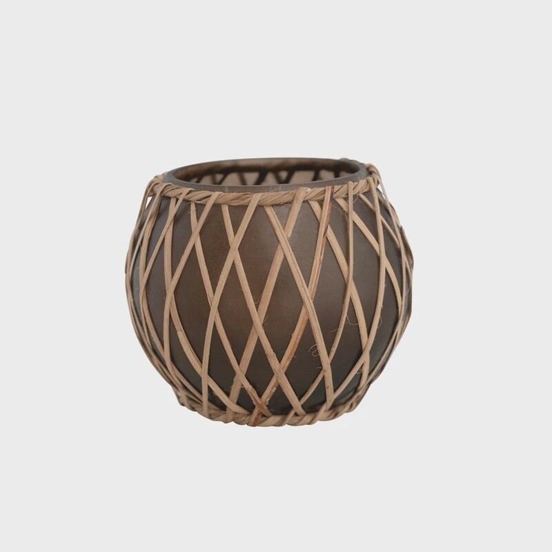 Woven Rattan & Glass Votive Holder / Brown & Natural