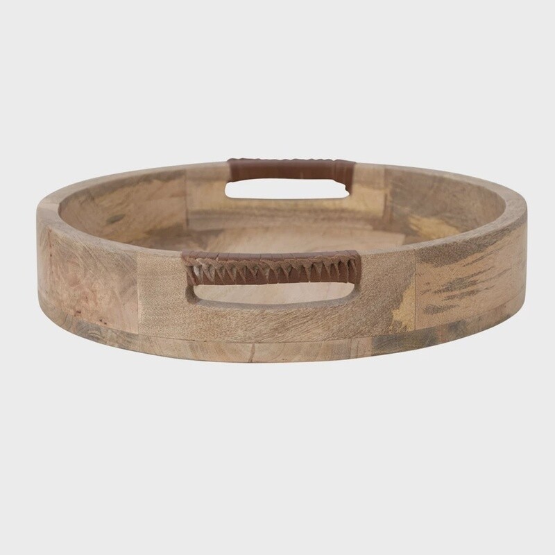 Mango Wood Tray w/ Leather Wrapped Handles