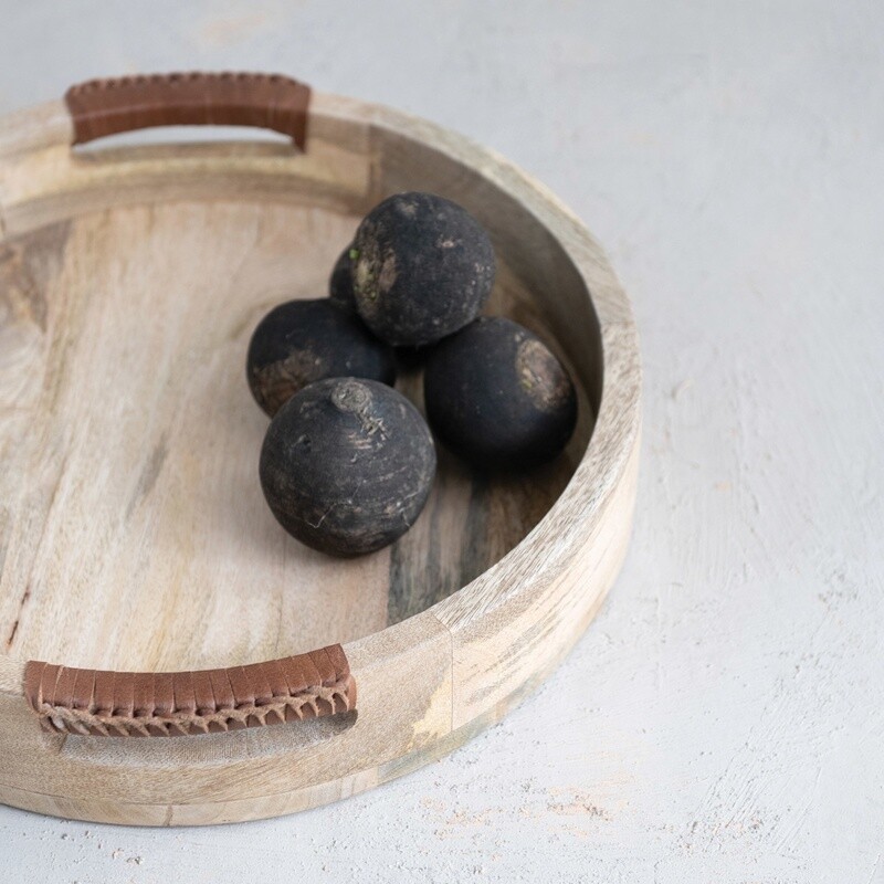 Mango Wood Tray w/ Leather Wrapped Handles