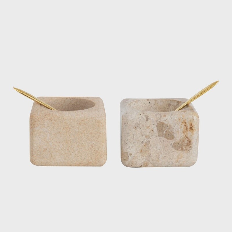 Marble/Sandstone Pinch Pot with Brass Spoon, Set of 2, 2 Colours