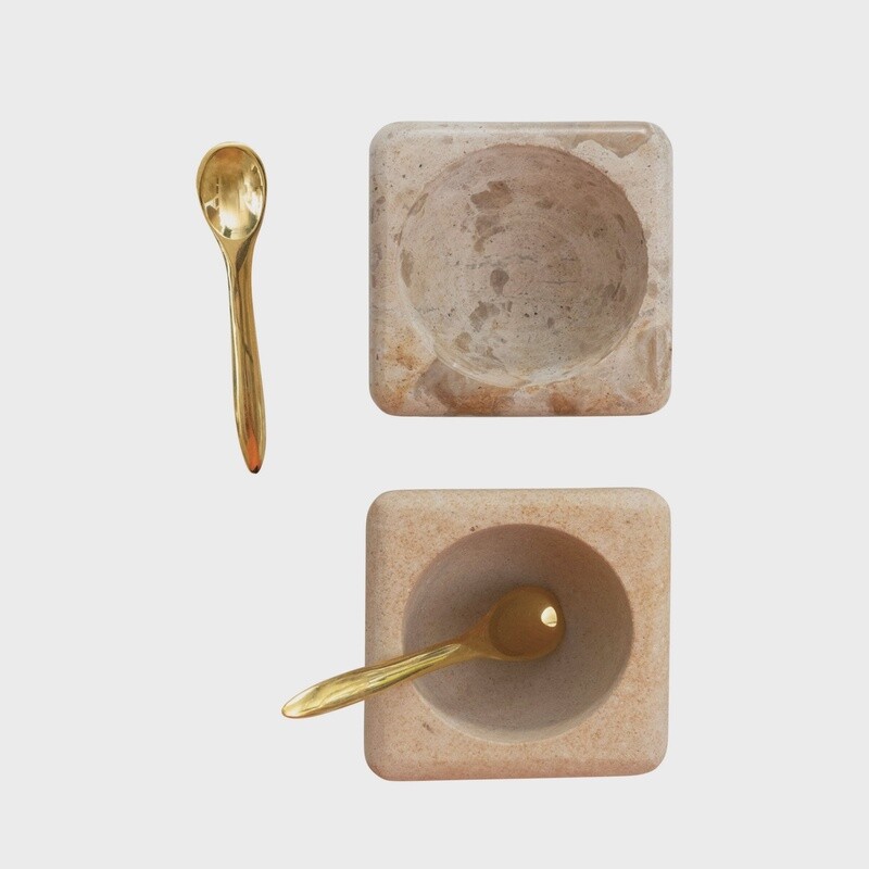 Marble/Sandstone Pinch Pot with Brass Spoon, Set of 2, 2 Colours