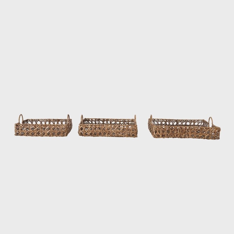 Decorative Hand-Woven Rattan Trays w/ Handles, Set of 3