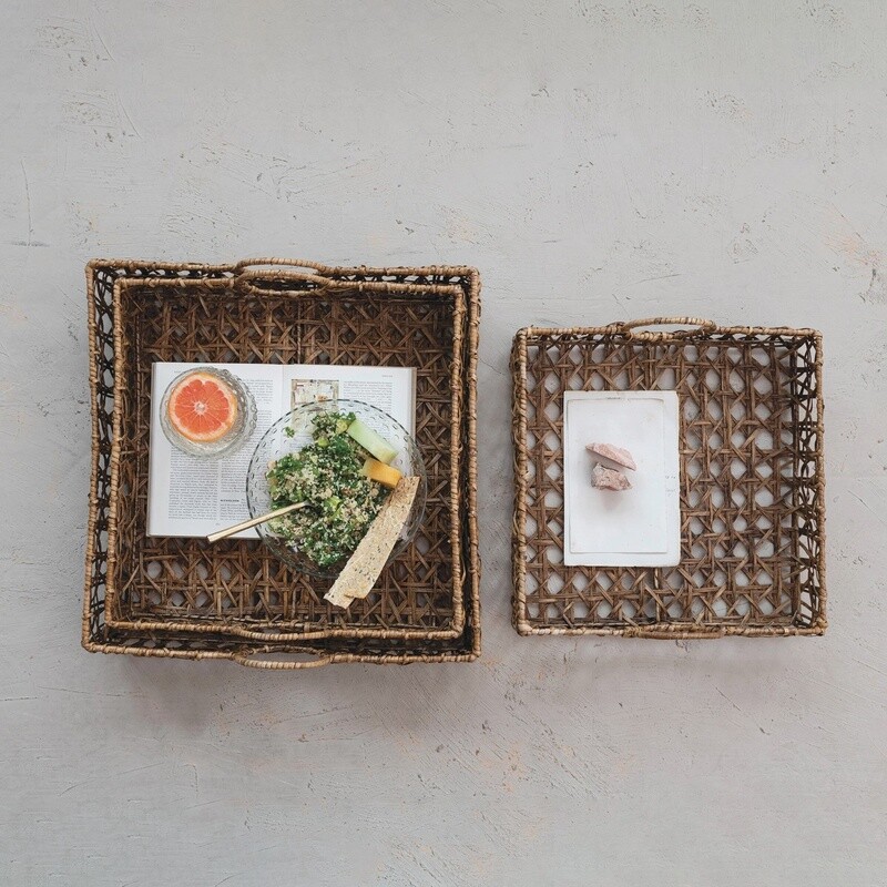Decorative Hand-Woven Rattan Trays w/ Handles, Set of 3