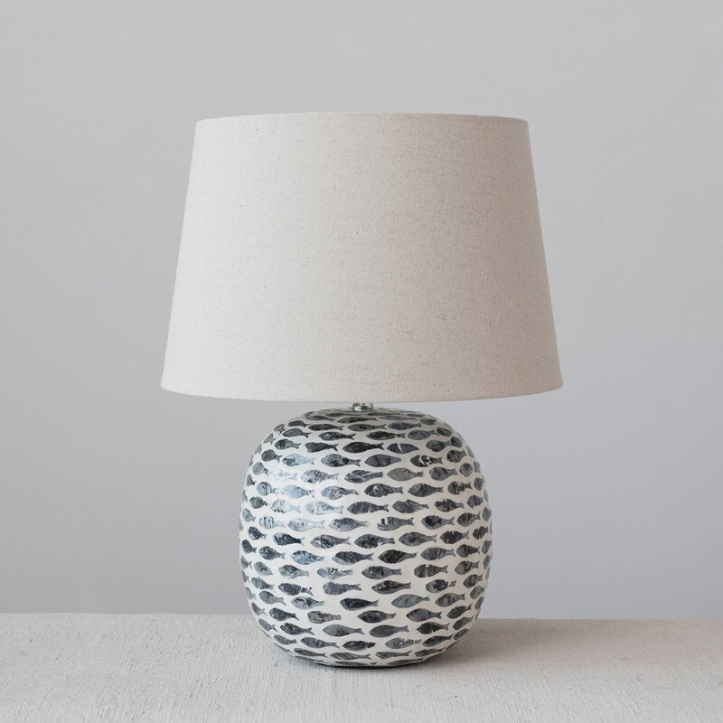 Capiz & Bamboo Table Lamp w/ Fish Pattern & Linen Shade, Blue & White
