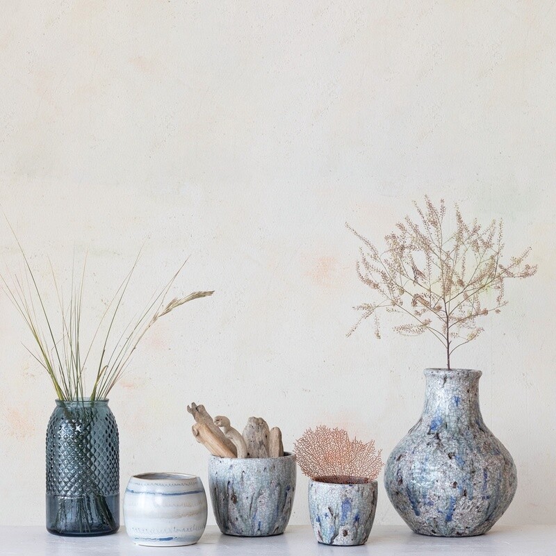 Embossed Recycled Glass Vase, Blue