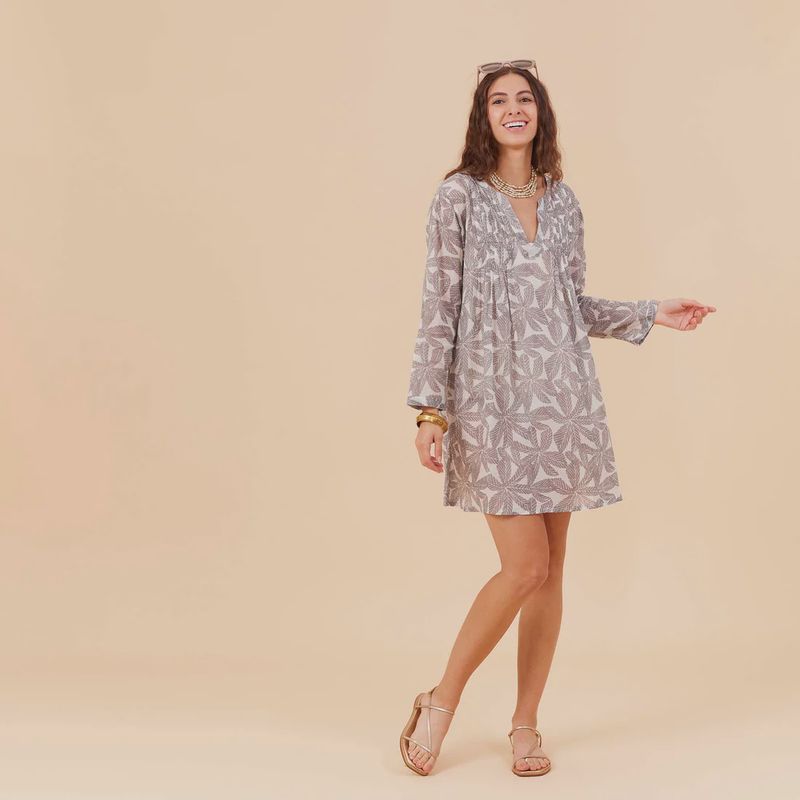 Palm Leaves Pintuck Beach Cover Up / Grey