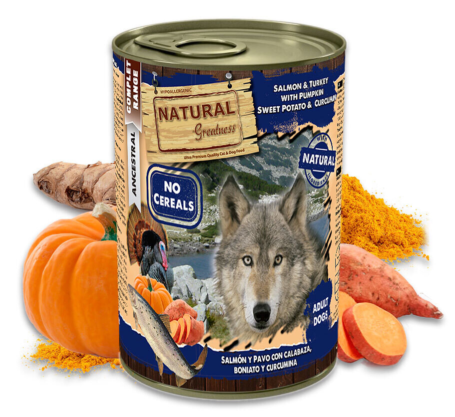 Natural Greatness - GRAANVRIJ - Hypoallergenic - Zalm en Kalkoen met Pompoen, Zoete aardappel en Kurkuma 400 gr