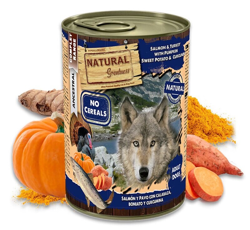 Natural Greatness - GRAANVRIJ - Hypoallergenic - Zalm en Kalkoen met Pompoen, Zoete aardappel en Kurkuma 400 gr
