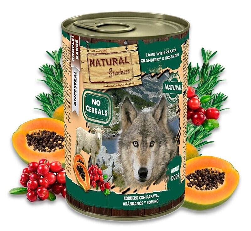Natural Greatness - GRAANVRIJ - Hypoallergenic - Lam met Papaya, 
Veenbessen en Rozemarijn 400GR