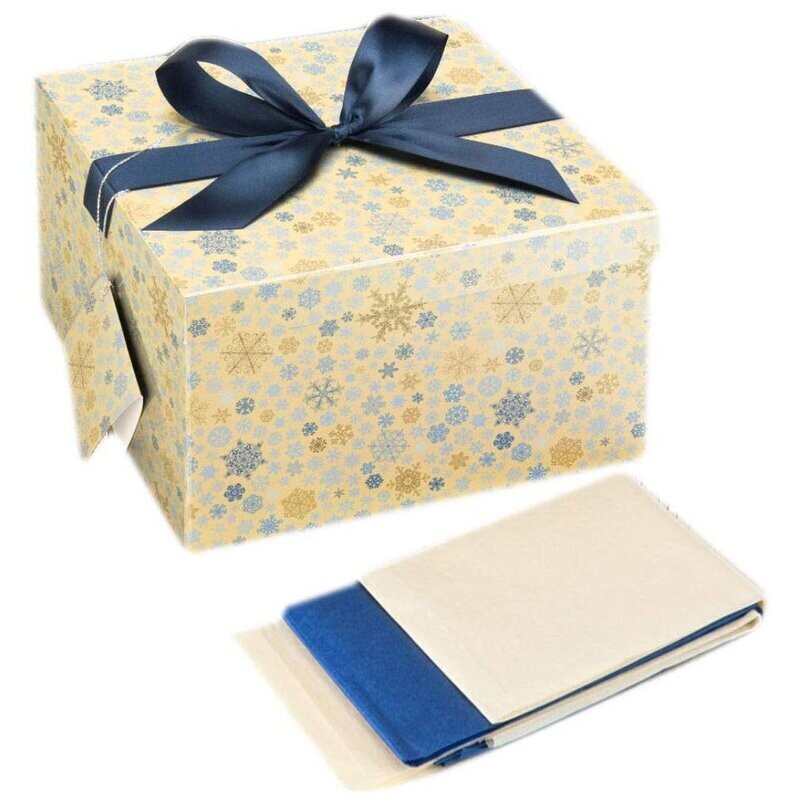 Geschenkbox creme Winter glänzend XL inkl. Schleife und Anhänger und Seidenpapier 26 x 26 x 15 cm