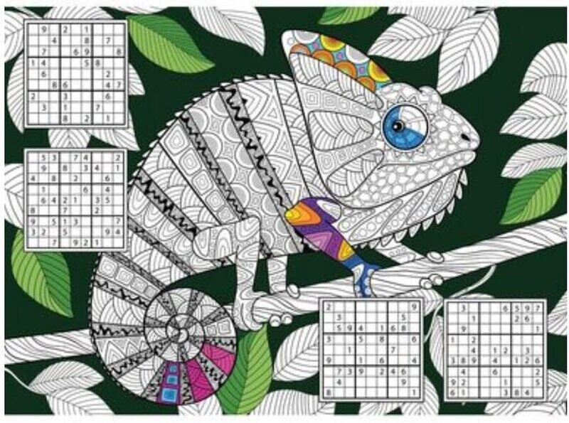 Tischset zum Ausmalen und Spielen Sudoku für Kinder Motiv Chamäleon 24 Stück