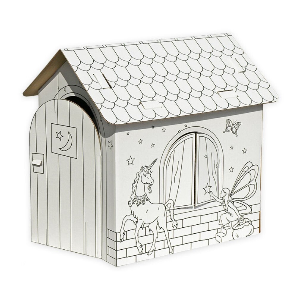 Märchenhaus mit Einhorn Spielhaus aus Karton Puppenhaus aus Pappe Bastelkarton zum Bemalen mittelgroß