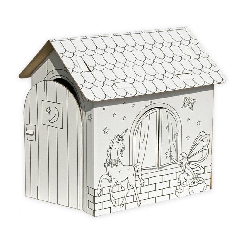 Märchenhaus mit Einhorn Spielhaus aus Karton Puppenhaus aus Pappe Bastelkarton zum Bemalen mittelgroß