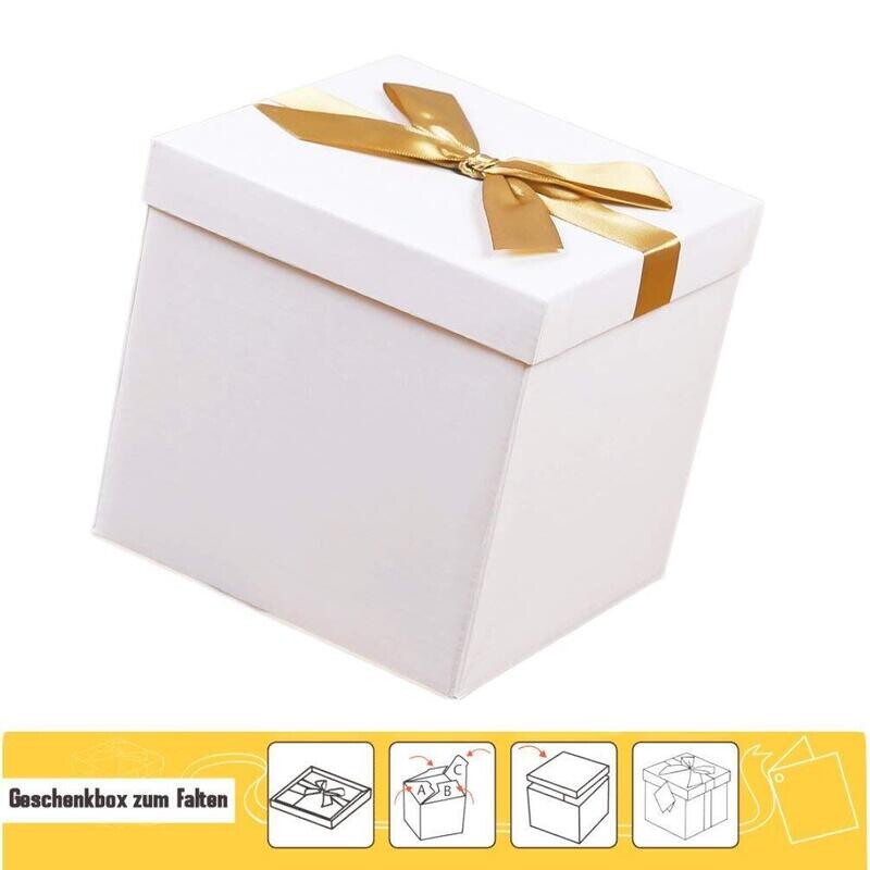 Geschenkbox gefaltet inkl. Schleife und Anhänger weiß glänzend 10 x 10 x 10 cm