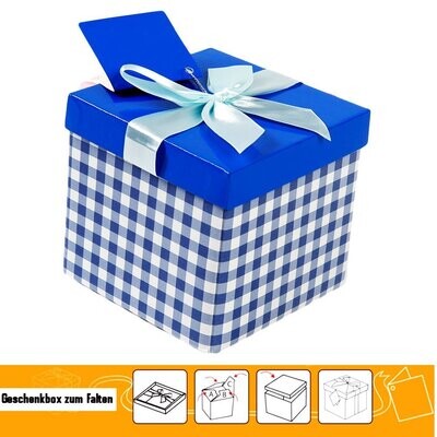 Geschenkbox gefaltet inkl. Schleife und Anhänger blau Karo 13x13x13 cm
