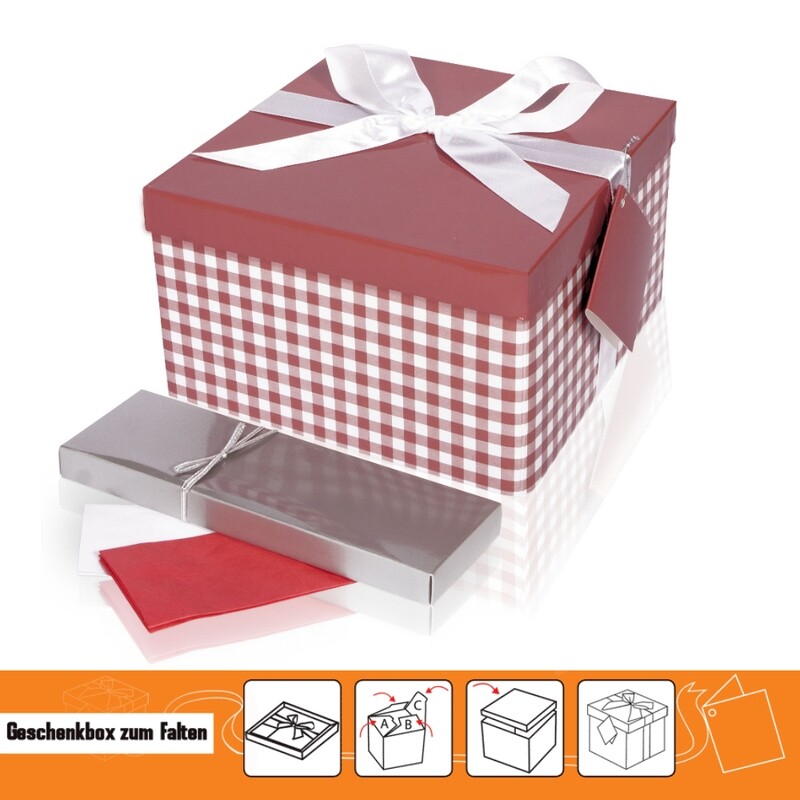 Geschenkbox rot weiß Karo glänzend XL inkl. Schleife Anhänger und Seidenpapier 26 x 26 x 15 cm