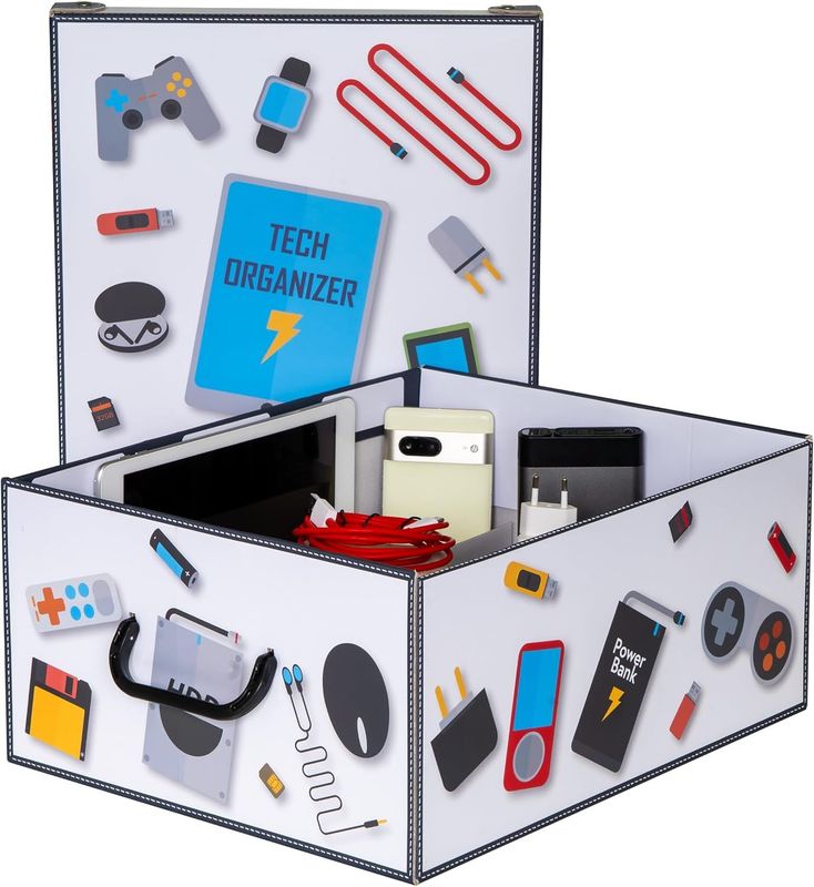 Tech Organizer stabile Aufbewahrungsbox Ordnungsbox  aus Kartonage Motiv Technik 42 x 32  x 17,5 cm