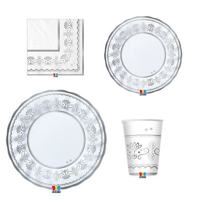 Party-Set Royal Silver 4-teilig Pappteller Pappbecher Servietten